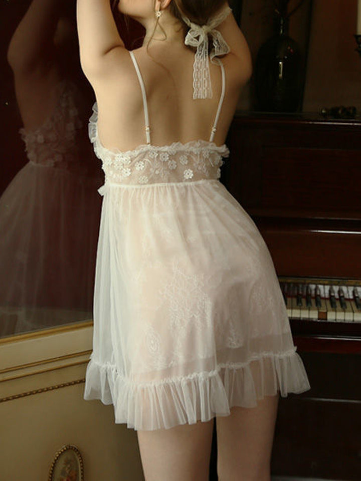 White Romantic Floral Embroidered Sheer Dress