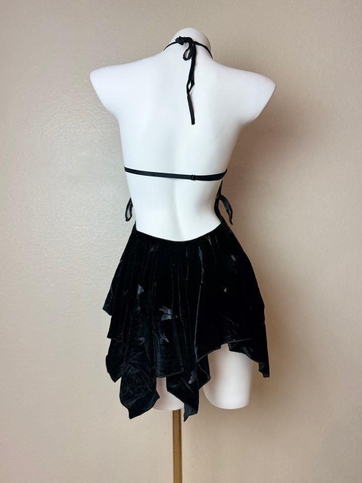 Black Asymmetrical Velvet Butterfly Slip - Back