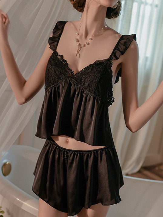 Black Ruffle Straps Lace-Trim Cami Set