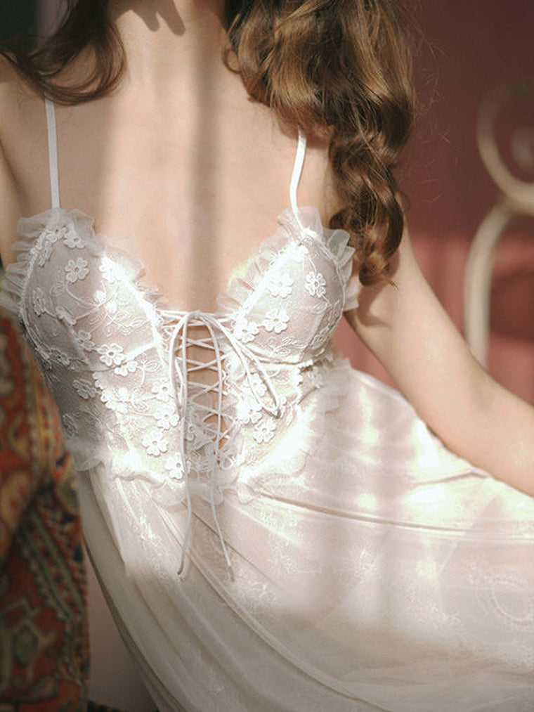 White Romantic Floral Embroidered Sheer Dress