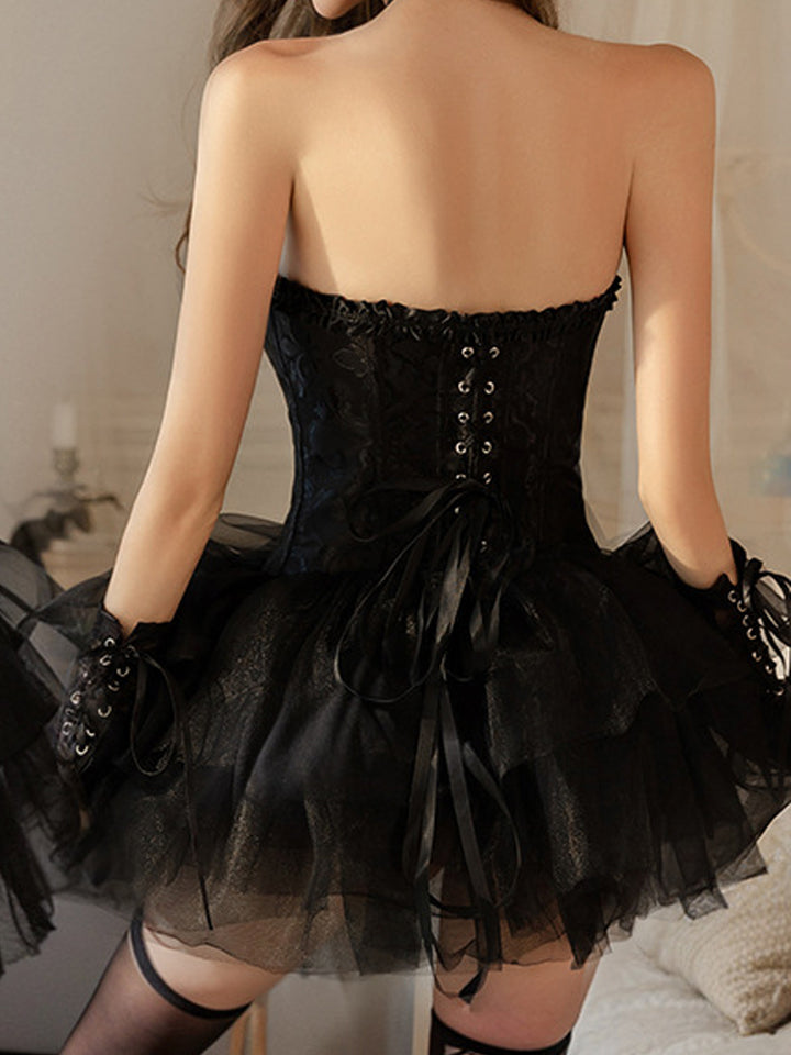 Button Crisscross Corset Top with Puff Skirt