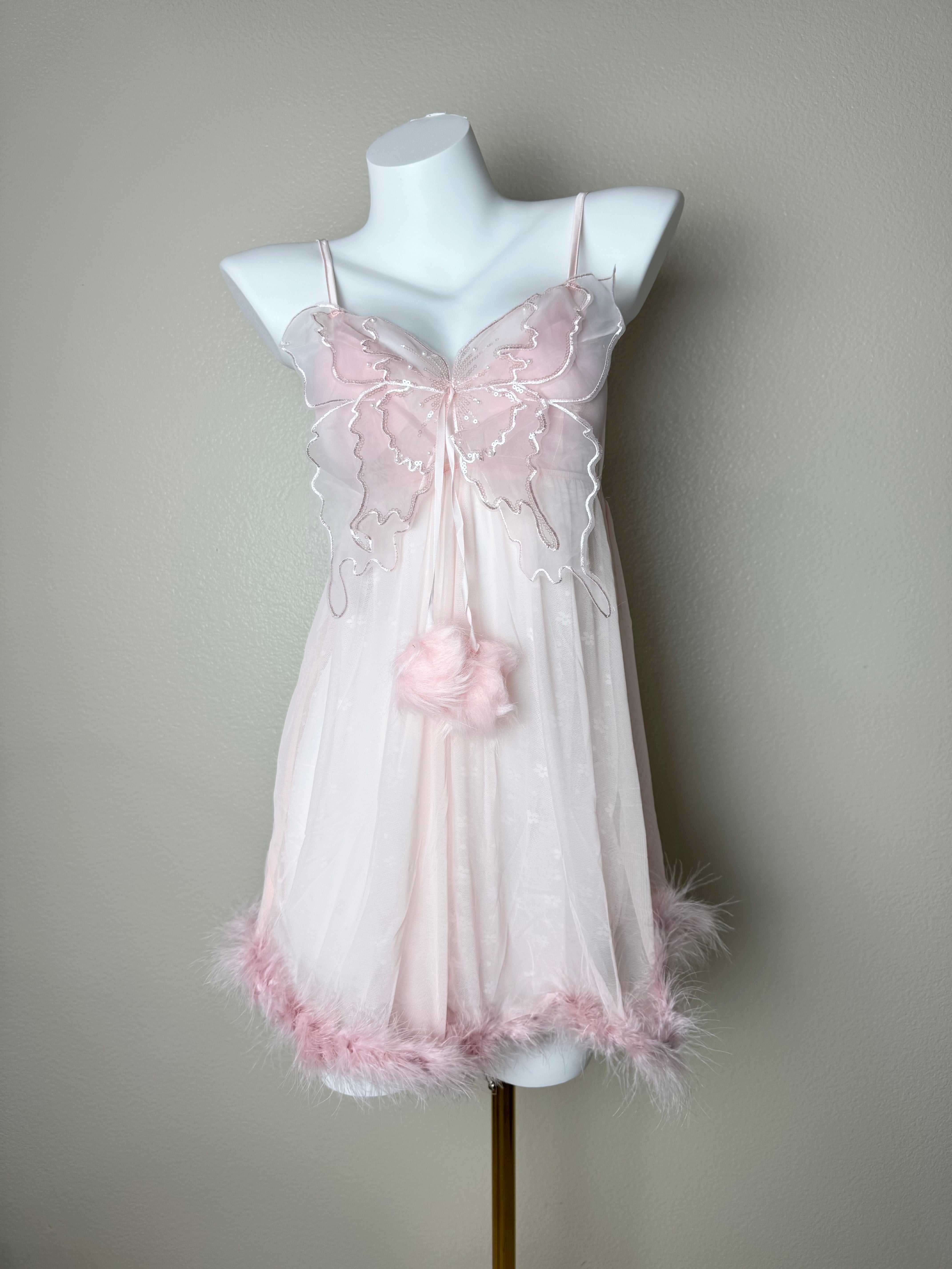 Sheer Fur-Trimed Butterfly Babydoll Pink / M
