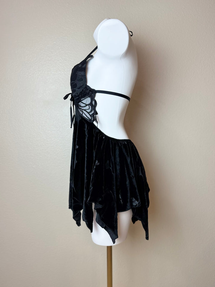 Black Asymmetrical Velvet Butterfly Slip - Side
