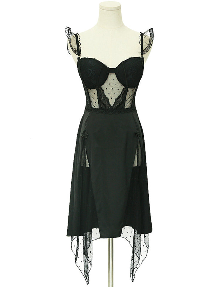 Black Asymmetrical Polka Dots Lace Panel Slip