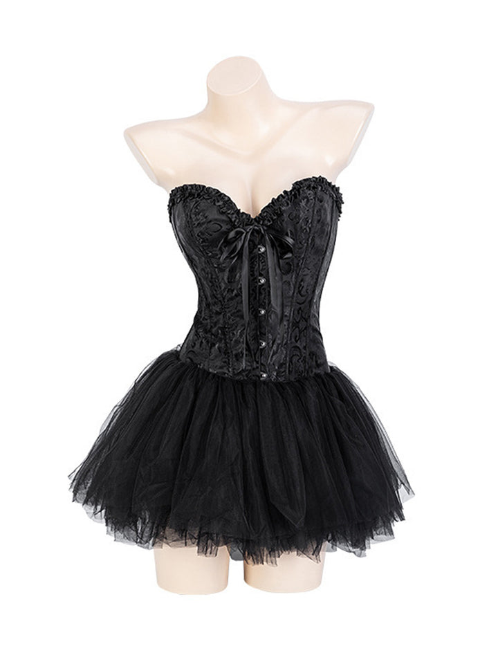Button Crisscross Corset Top with Puff Skirt