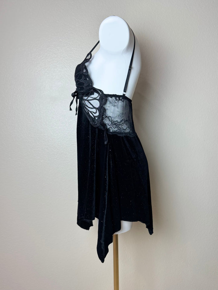 Black Sparkles Asymmetrical Velvet Butterfly Slip - Side