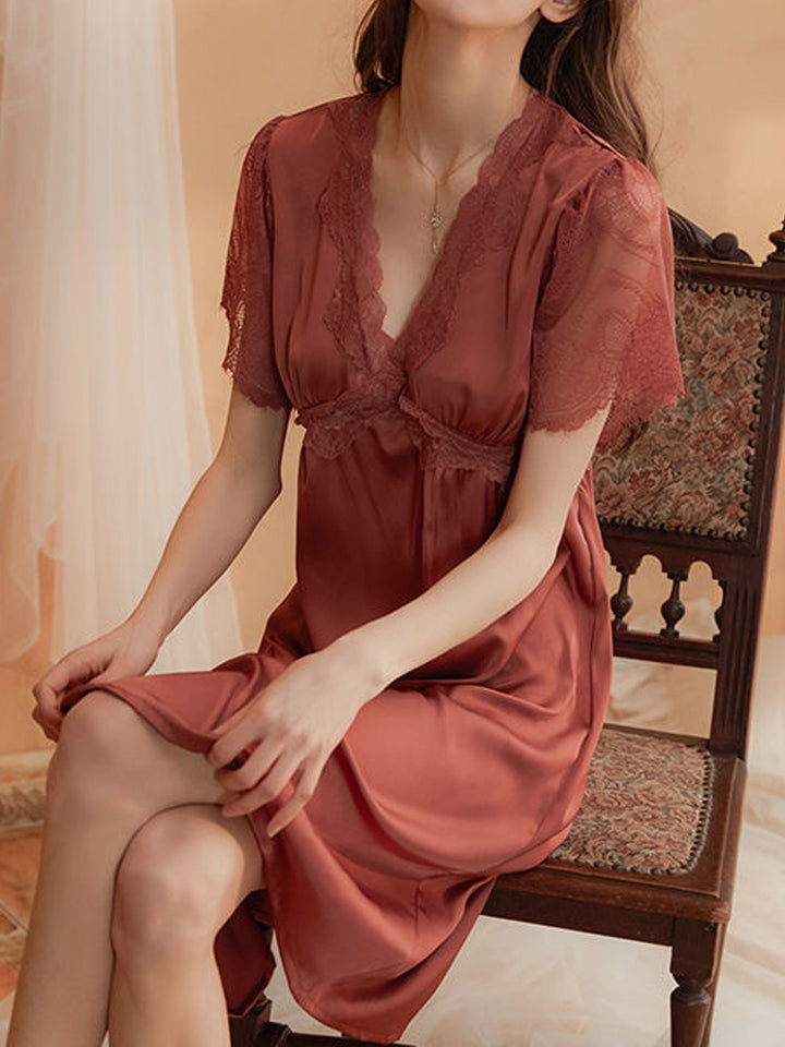 Short Sleeves Lace-Trim Sleep Dress