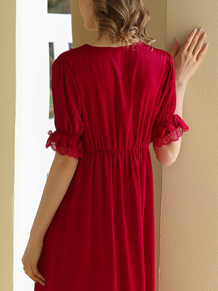 Midi Short Sleeves Lace-Trim Sleepshirt