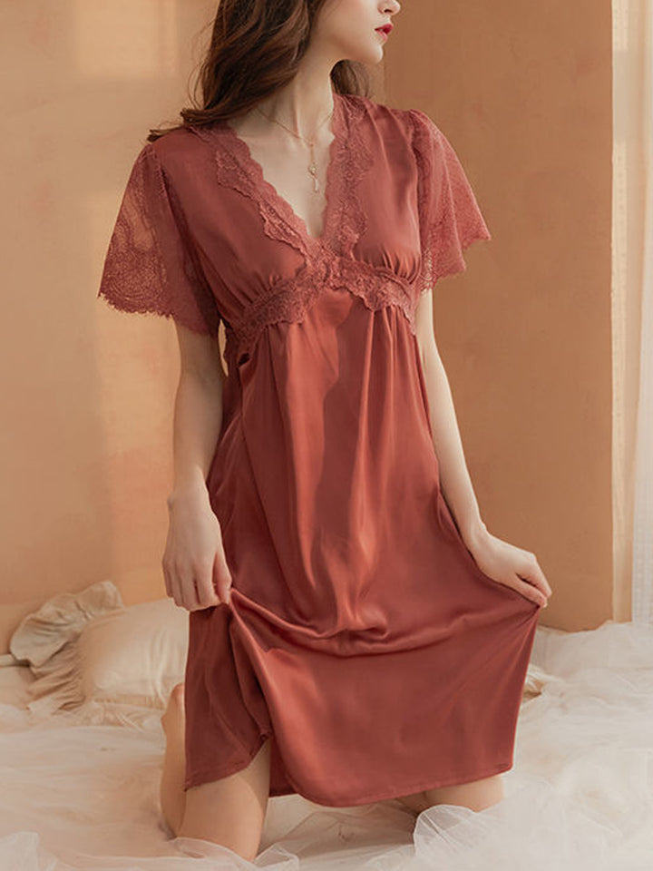 Short Sleeves Lace-Trim Sleep Dress