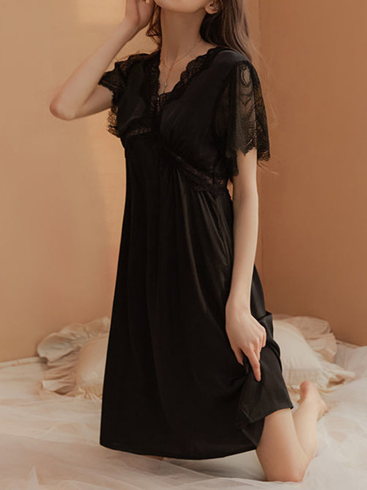 Short Sleeves Lace-Trim Sleep Dress