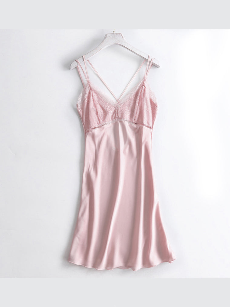 Cute Pinky Satin Lace-Trim Slip Dress - LEVENIEN L / Pink Cute Pinky Satin Lace-Trim Slip Dress - LEVENIEN L / Pink