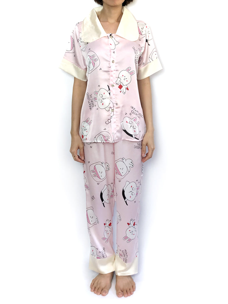 Women's Silky Sleepwear Pink Cartoon Peter Pan Collar Pajama Set PJs Loungwear