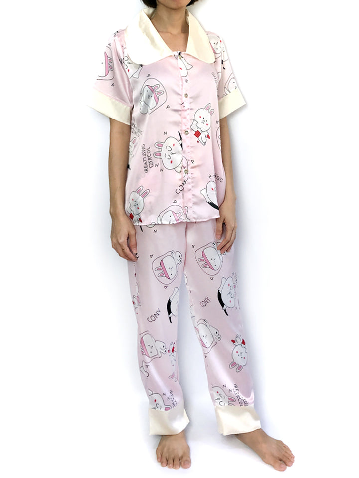 Women's Silky Sleepwear Pink Cartoon Peter Pan Collar Pajama Set PJs Loungwear