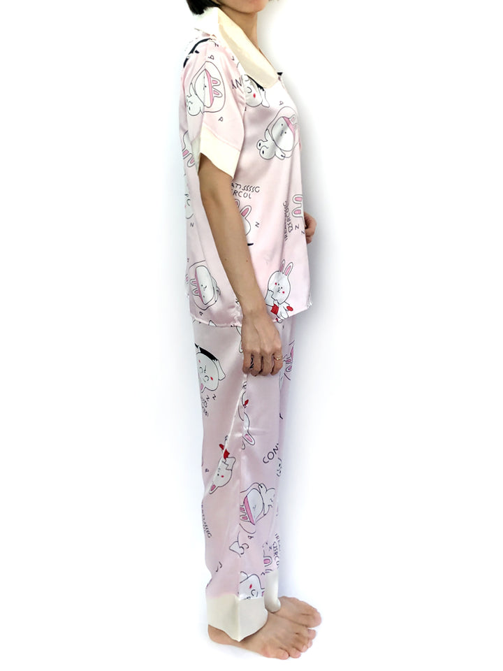 Women's Silky Sleepwear Pink Cartoon Peter Pan Collar Pajama Set PJs Loungwear