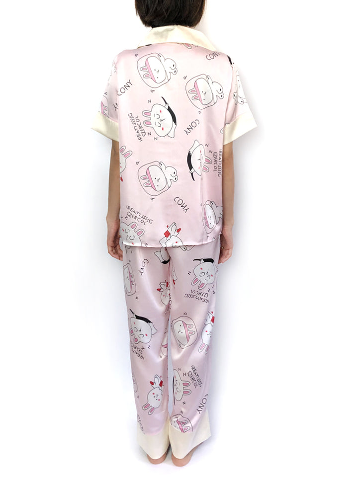 Women's Silky Sleepwear Pink Cartoon Peter Pan Collar Pajama Set PJs Loungwear