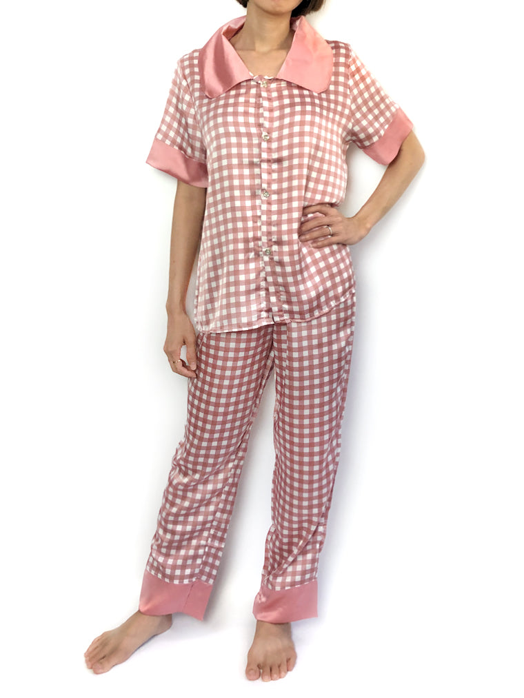 Pink Peter Pan Collar Grid Pajama Set