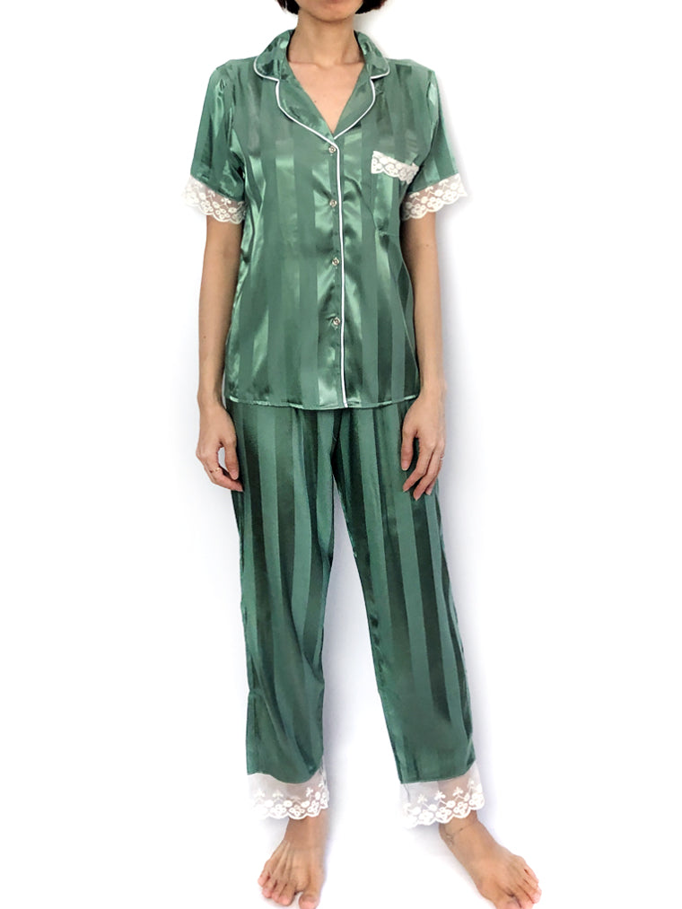 Women's comfortable sleepwear silky satin Green Stripes Lace-Trim Pajama Set loungewear
