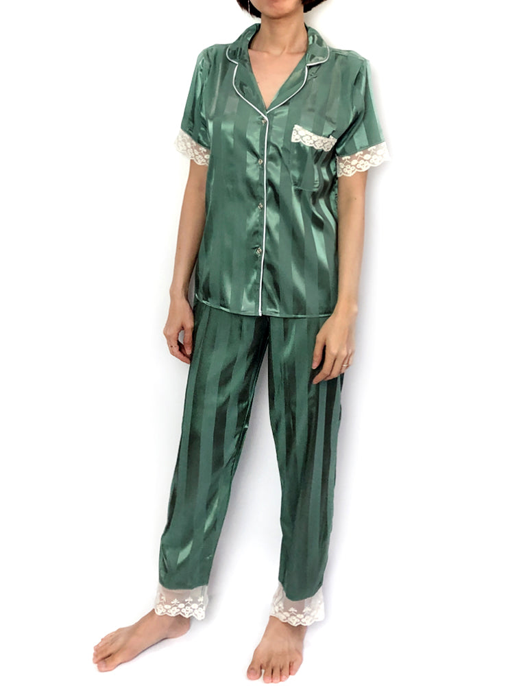 Women's comfortable sleepwear silky satin Green Stripes Lace-Trim Pajama Set loungewear