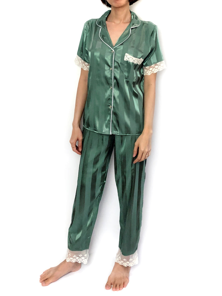 Women's comfortable sleepwear silky satin Green Stripes Lace-Trim Pajama Set loungewear