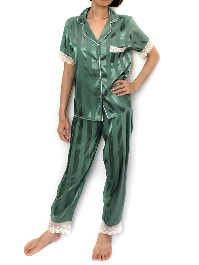 Women's comfortable sleepwear silky satin Green Stripes Lace-Trim Pajama Set loungewear
