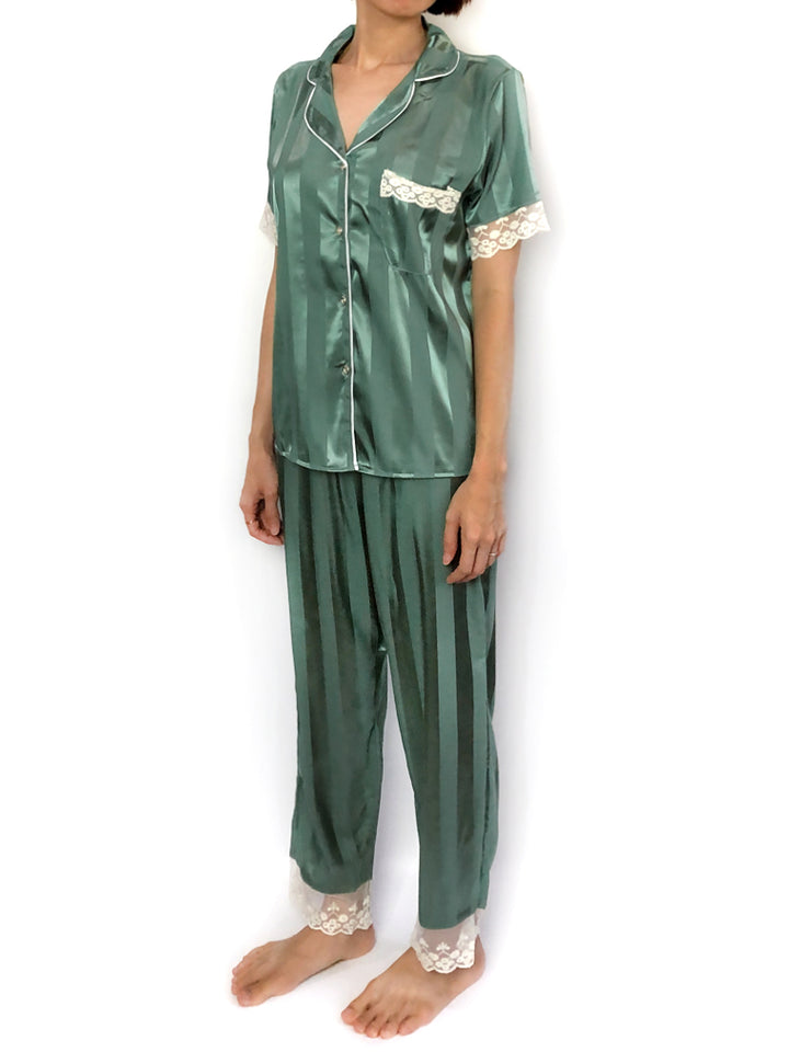 Women's comfortable sleepwear silky satin Green Stripes Lace-Trim Pajama Set loungewear