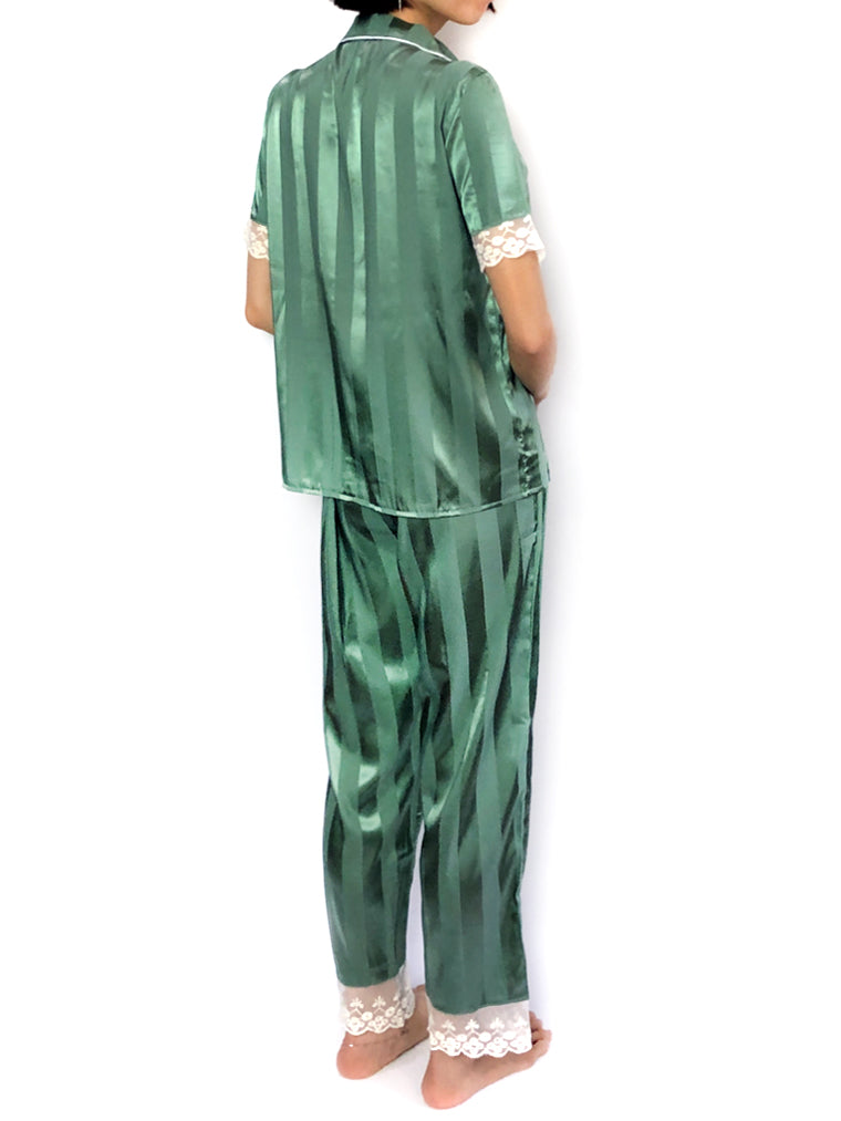 Women's comfortable sleepwear silky satin Green Stripes Lace-Trim Pajama Set loungewear