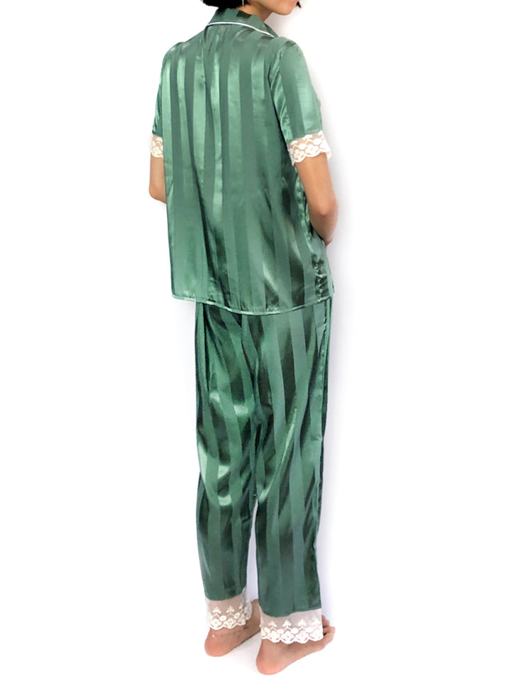 Women's comfortable sleepwear silky satin Green Stripes Lace-Trim Pajama Set loungewear