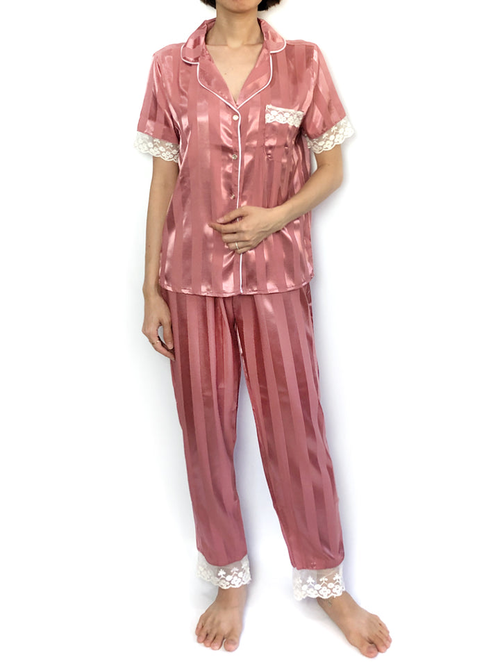 Women's comfortable sleepwear silky satin Pink Stripes Lace-Trim Pajama Set loungewear