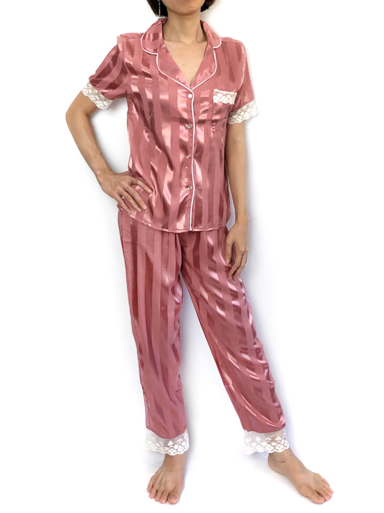 Women's comfortable sleepwear silky satin Pink Stripes Lace-Trim Pajama Set loungewear
