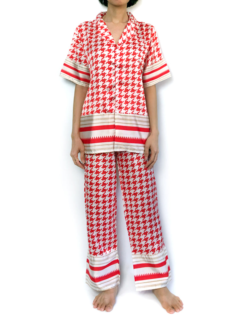 Women's Comfortable satin silk red houndstooth stripes pajama set pajama top pajama bottoms loungewear