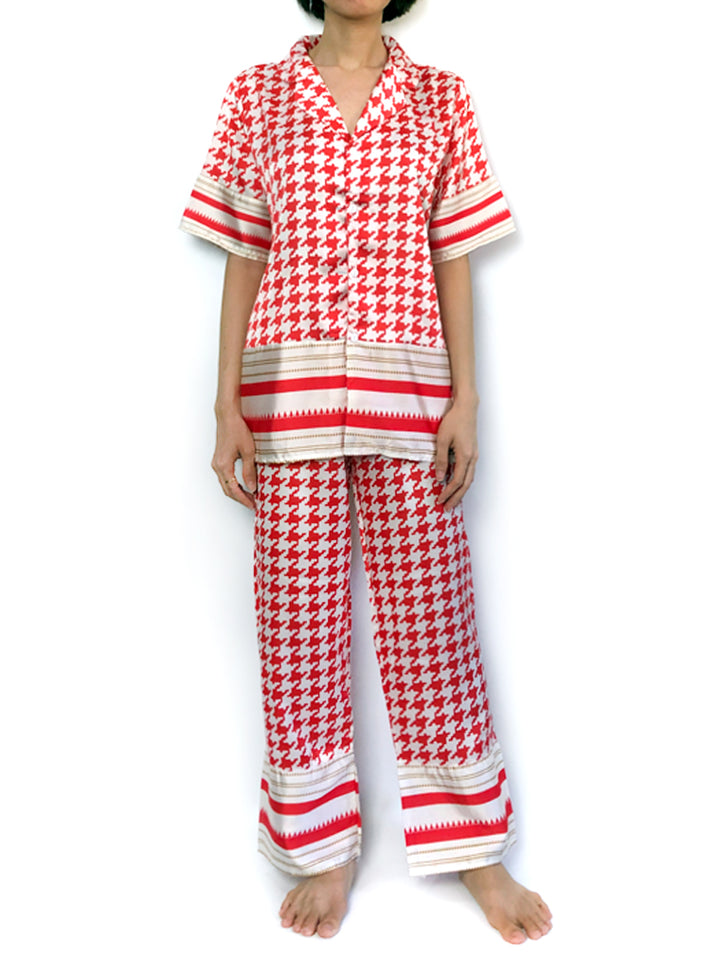 Women's Comfortable satin silk red houndstooth stripes pajama set pajama top pajama bottoms loungewear