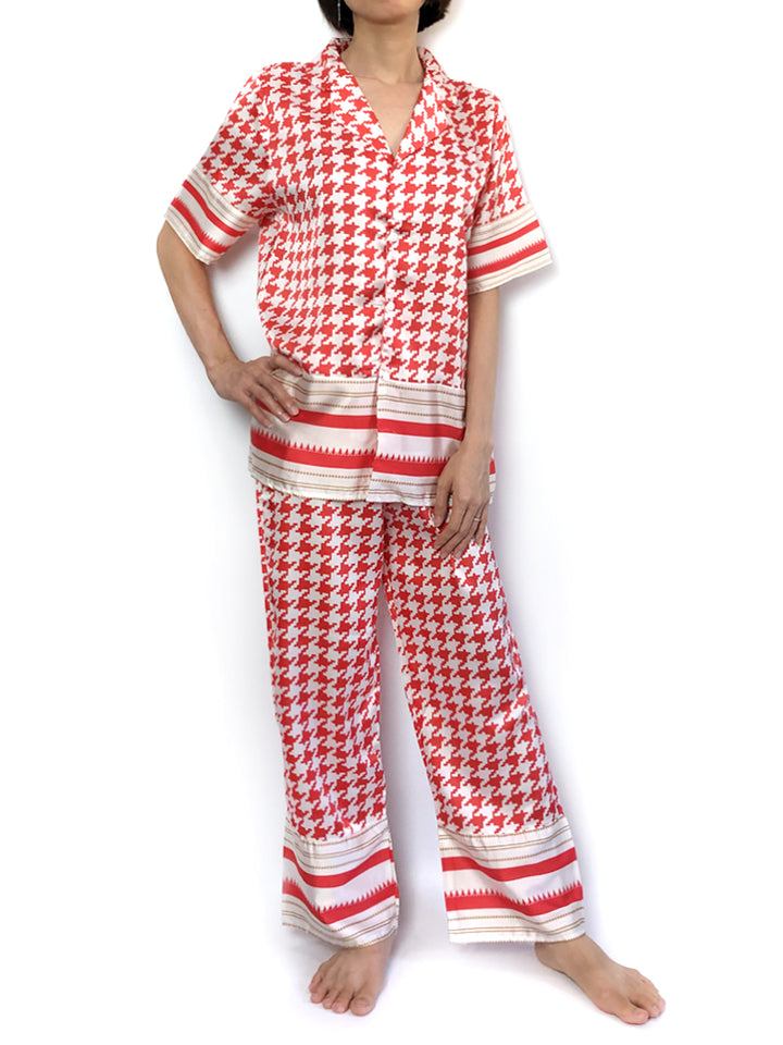 Women's Comfortable satin silk red houndstooth stripes pajama set pajama top pajama bottoms loungewear