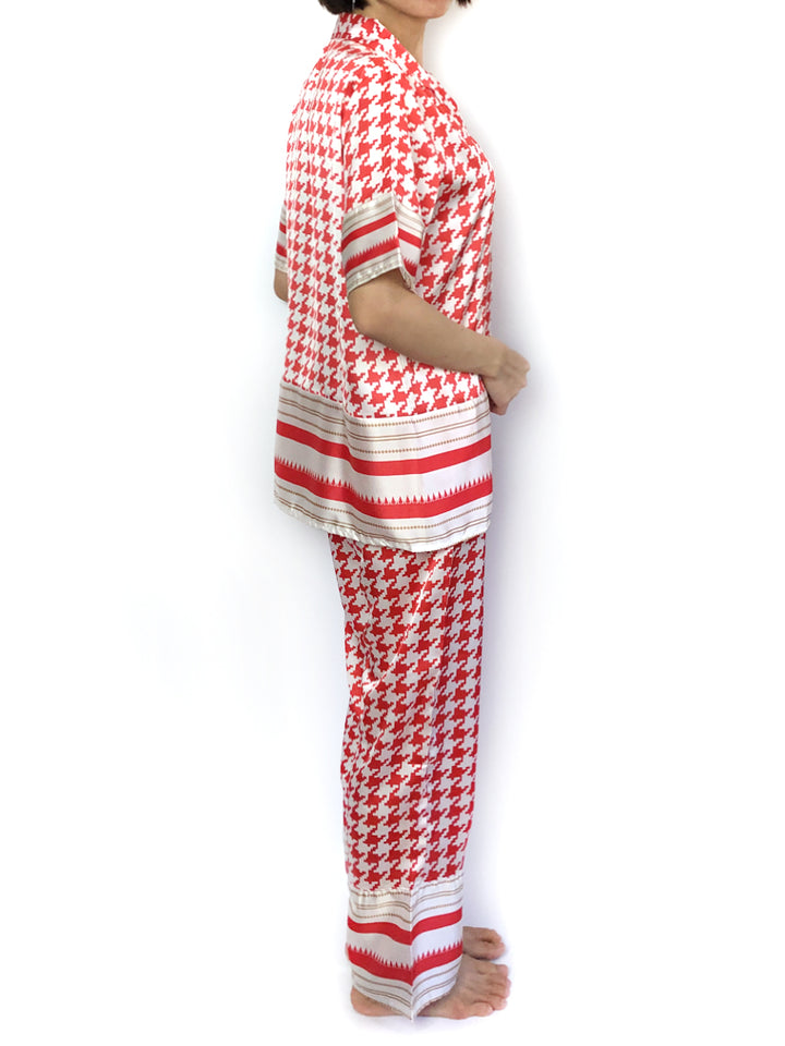 Women's Comfortable satin silk red houndstooth stripes pajama set pajama top pajama bottoms loungewear