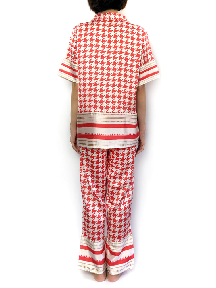 Women's Comfortable satin silk red houndstooth stripes pajama set pajama top pajama bottoms loungewear