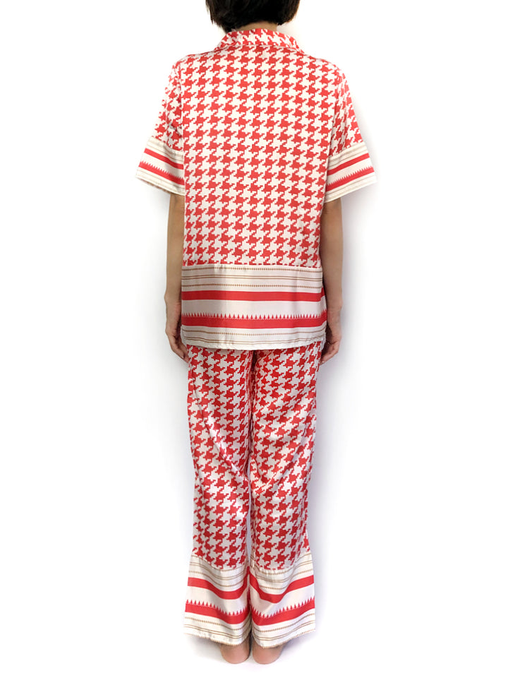 Women's Comfortable satin silk red houndstooth stripes pajama set pajama top pajama bottoms loungewear