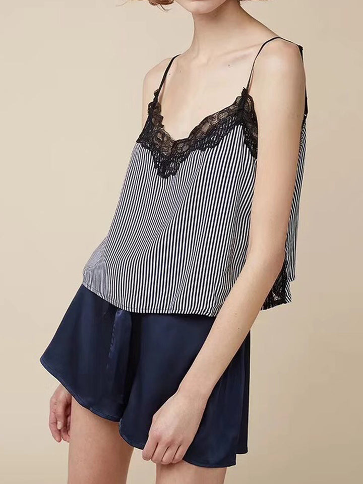 Navy Blue Striped Lace-Trim Cami Set