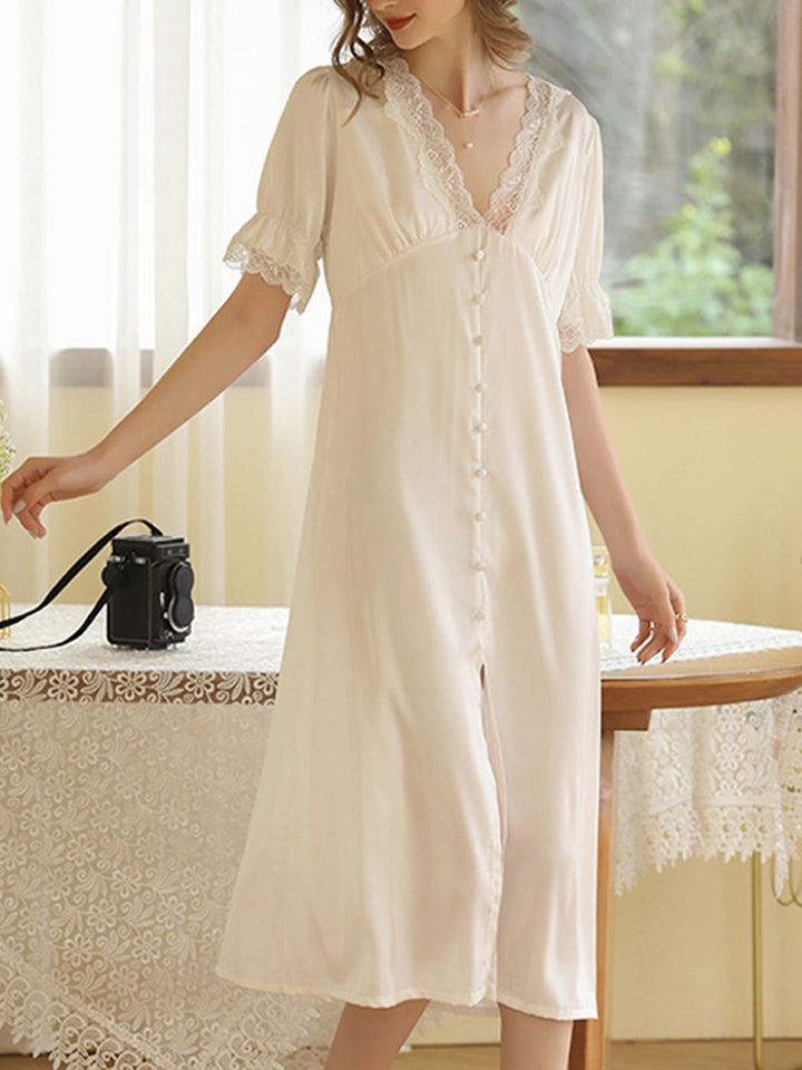 Midi Short Sleeves Lace-Trim Sleepshirt