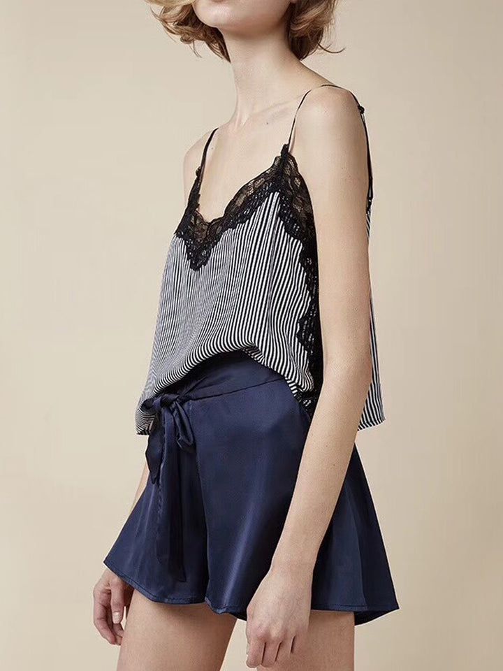 Navy Blue Striped Lace-Trim Cami Set