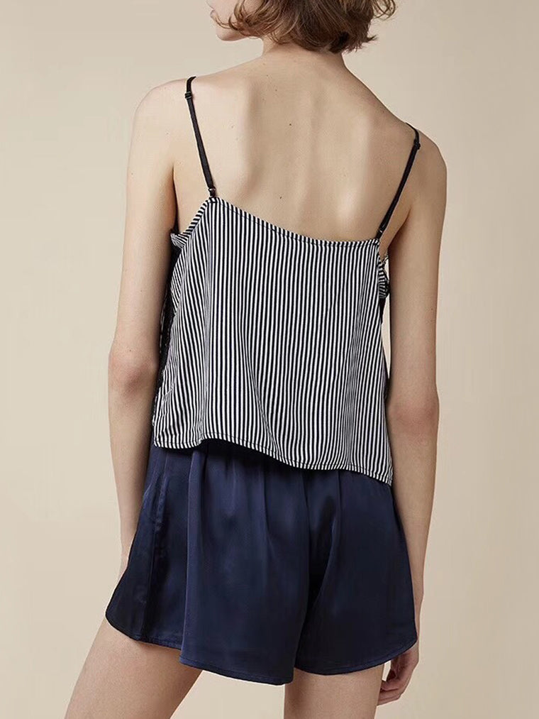 Navy Blue Striped Lace-Trim Cami Set