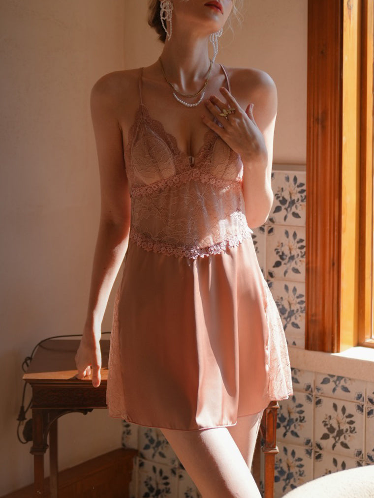 Romance Lace Panel Criss-Cross Back Slip - pink