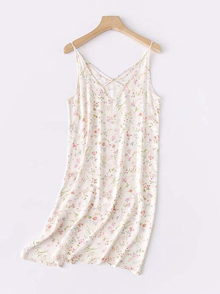 Loose Classic Cream Floral Midi Nighties Sleep Dress