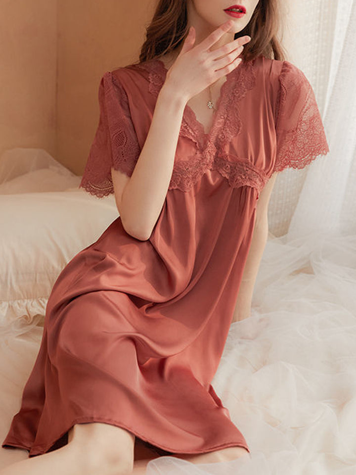Short Sleeves Lace-Trim Sleep Dress