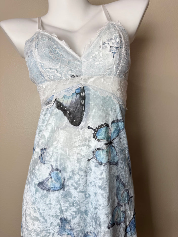 Blue Midi Velvet Butterfly Pattern Slip  