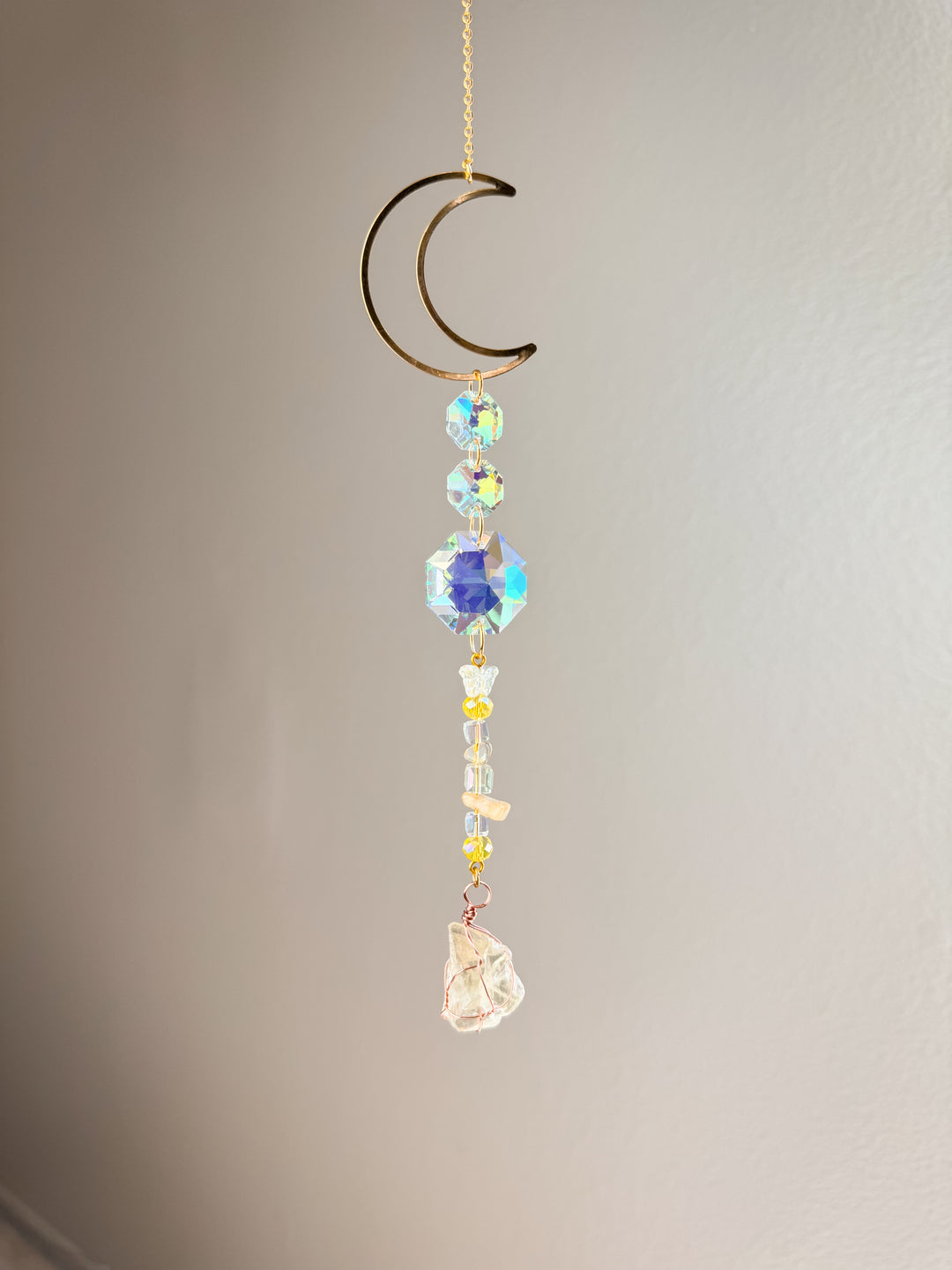 Yellow Crescent Moon Crystal Stone Suncatcher