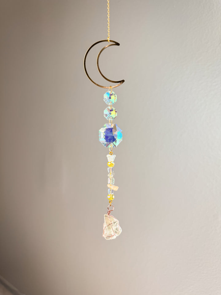 Yellow Crescent Moon Crystal Stone Suncatcher