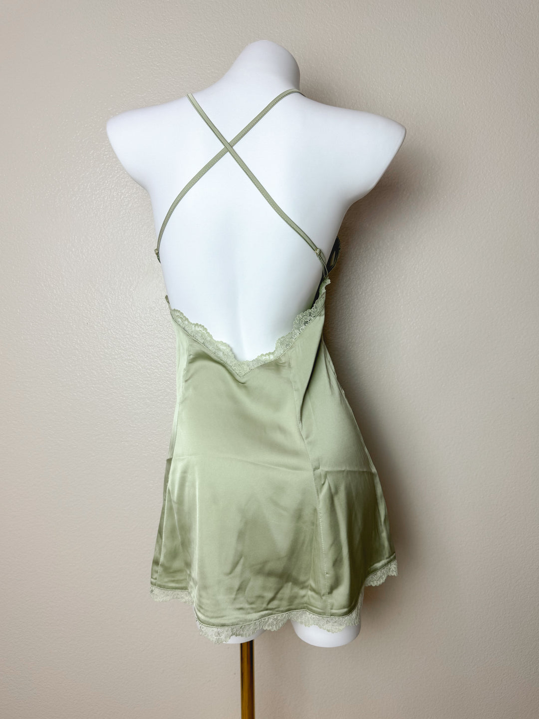 Back view of Green Plunge Lace-Trim Cross Back Slip