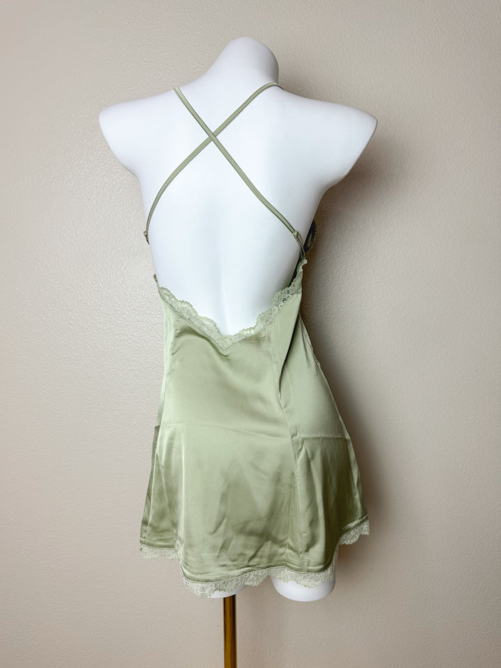 Back view of Green Plunge Lace-Trim Cross Back Slip
