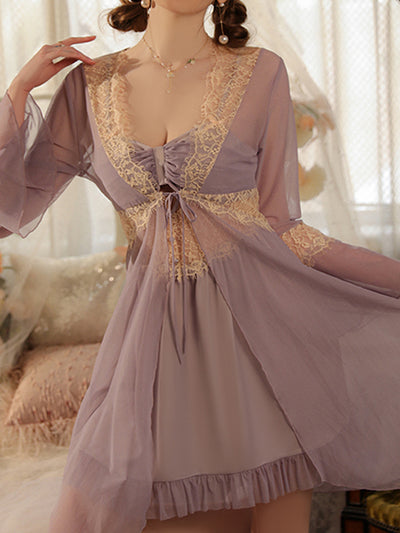 Flounce Lace Inset See Through Mesh Robe - Purple