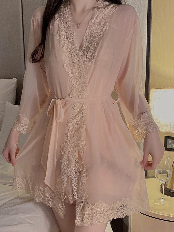 Pink Mesh Lace-Trim Robe