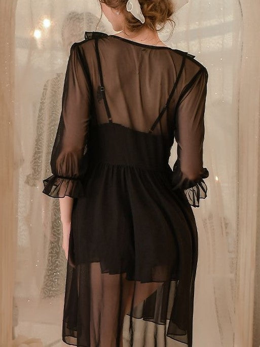 Black Flounce Mesh Rose Robe